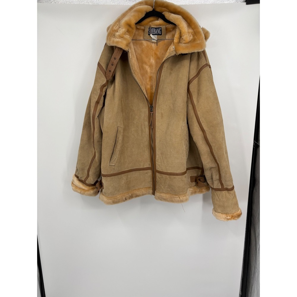 Shebang Mens 3X Tan Genuine Leather Aviator Bomber Jacket Faux Fur Lined Vintage